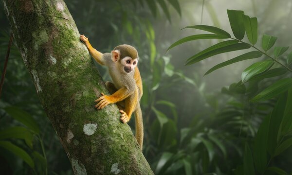 A small monkey climbs a mossy tree trunk in a lush, tropical forest
