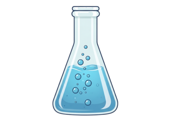 A clear glass erlenmeyer flask filled with blue liquid and bubbles isolated on transparent background