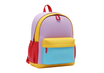 A colorful children s backpack with red yellow and blue panels isolated on transparent background