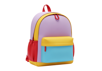 A colorful children s backpack with red yellow and blue panels isolated on transparent background