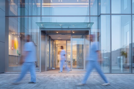Contemporary wellness center glass entrance with motion blur of medical professionals in scrubs, showcasing modern healthcare architecture and urban facility design. Hospital entrance.