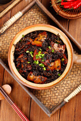 Chinese Braised Pork Belly Clay Pot Dish with Preserved Cabbage and Scallions Traditional Asian Cuisine
