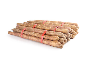 Chinese Yam Sticks Bundle Red Bands White Background Henan Traditional Root Vegetable Food Ingredient