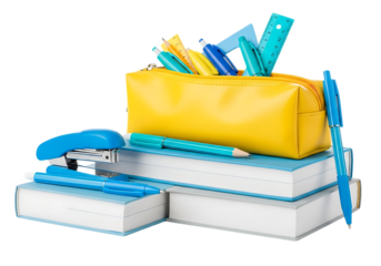 A yellow pencil case filled with colorful pens and pencils sits atop a stack of notebooks and a stapler isolated on transparent background