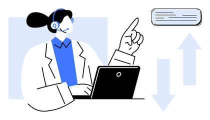 Professional wearing a headset sits by laptop, pointing towards message icon. Ideal for customer support, remote assistance, communication, teamwork, business consulting, call centers, simple flat