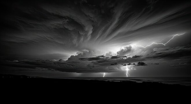 Dramatic black and white storm clouds with lightning striking over the ocean.