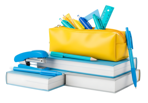 A yellow pencil case filled with colorful pens and pencils sits atop a stack of notebooks and a stapler isolated on transparent background