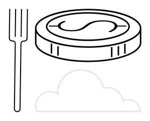 Coin with dollar sign, fork, and cloud symbolizing digital payments, online food delivery, fintech, cloud computing, e-commerce, economic growth and data storage. Ideal for simple flat metaphor