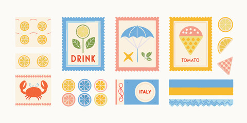 Collection of playful hand drawn style illustrations featuring fruits food and summer vacation themes