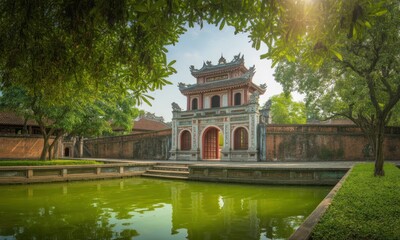 Ancient Asian gate, serene pond, lush greenery. Sunlight filters through trees