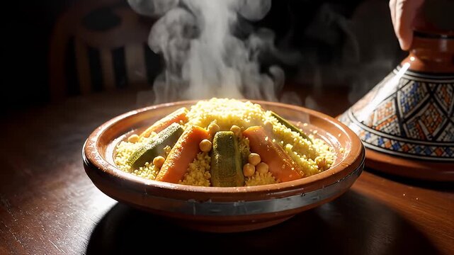Steaming Moroccan Tagine with Couscous, Carrots, and Chickpeas Revealed from Lid