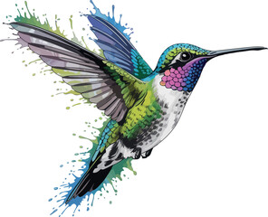 Obraz premium This image captures a vibrant hummingbird in mid-flight, surrounded by dynamic splashes of colorful paint.