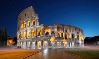 Naklejka premium Ancient Roman Colosseum at night, bathed in warm light