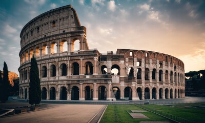 Ancient Roman Colosseum at sunrise.  Sunrise view of the Colosseum, a massive amphitheater, showing its arches and weathered stone.  Green grass and trees surround the base.  Dramatic sky