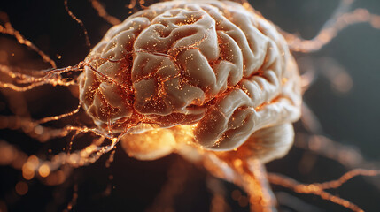Close-up of a human brain surrounded by glowing neural networks and data streams, realistic 3D render