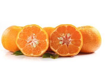 Fresh Mandarin Oranges Cut in Half on White Background - Healthy Citrus Fruits