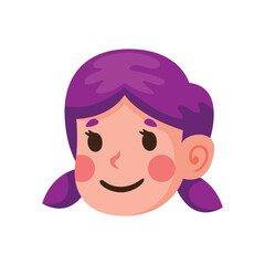 Cartoon girls face with purple hair and pink cheeks