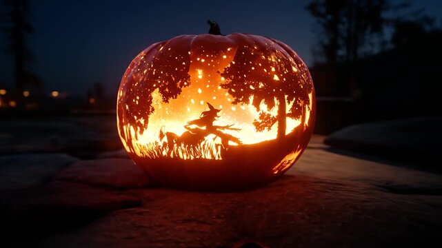 Carved pumpkin with witch and trees illuminated at night, reflected on still water