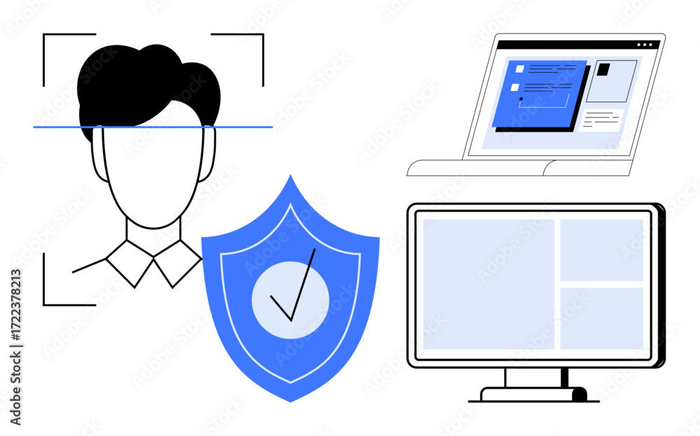 Poster outlines face scanning, shield for security, laptop, and monitor interface. ideal for cybersecurity,