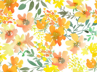 Watercolor Seamless Floral Pattern with Abstract Hand painted orange and yellow wild flowers on a transparent background. Spring and summer floral Textile Design for fabric. Floral wallpaper.