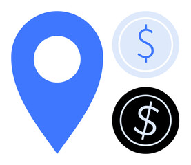 Blue location pin with light and dark coins marked by dollar sign. Ideal for finance, navigation, investment, savings, cost tracking, budget planning, payment. Simple flat metaphor