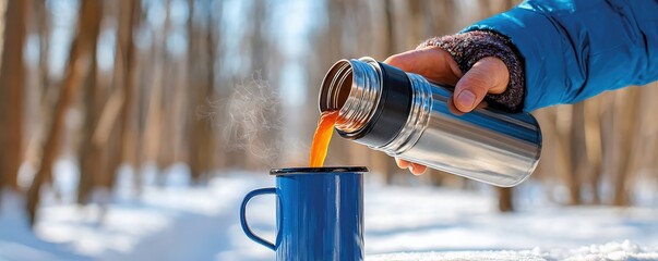 A hand pours hot liquid from a thermos into a blue mug, surrounded by a snowy forest, evoking warmth in a cold winter setting.