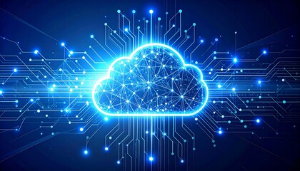Abstract digital illustration showing a glowing cloud-like structure, connected with circuit board lines. A network of data is represented in a blue hue