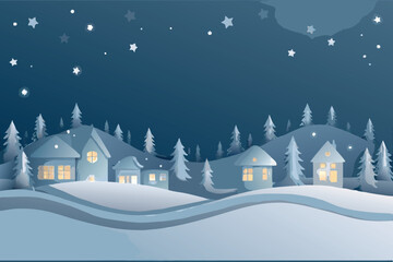 Peaceful winter night scene with snowy houses and illuminated windows © MAYENUDDIN