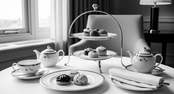 Elegant afternoon tea service with pastries and chinaware on a table by a window.