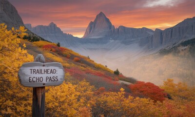 Autumnal mountain vista with a trailhead sign.  Colorful foliage of yellow and red  accompanies a dramatic sunrise or sunset over rugged peaks.  Misty valley in the background
