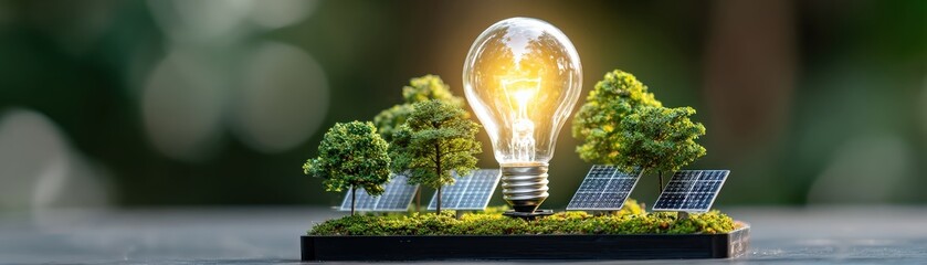 A miniature scene featuring a light bulb, solar panels, and trees, symbolizing renewable energy and sustainable living.