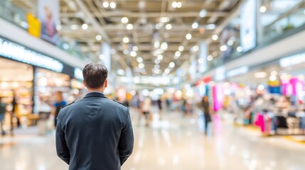 A man in formal attire stands in a bustling shopping center, surrounded by shoppers and bright store displays, creating a vibrant urban atmosphere.