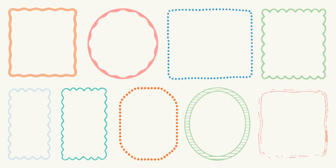 A collection of hand drawn decorative borders and frames in various shapes and colors