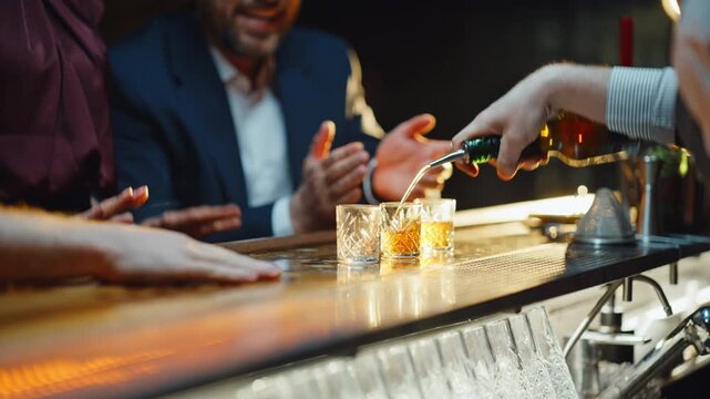 Unknown barista pouring shots serving clients in party closeup. People drinking