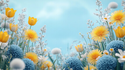 dandelions and tulip in blue sky