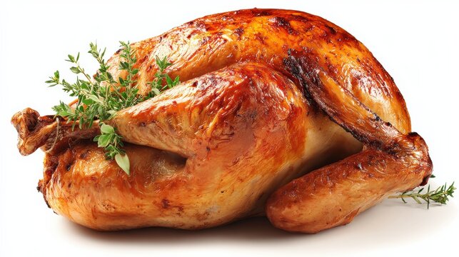 A beautifully roasted turkey garnished with fresh herbs, showcasing a golden-brown skin that promises a delicious meal.
