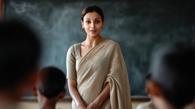 Indian female teacher standing in front of chalkboard, wearing traditional saree, teaching students in classroom