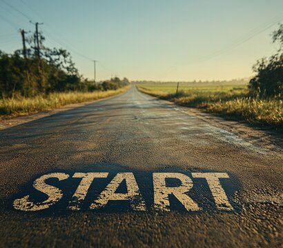 Empty road with START painted, sunrise