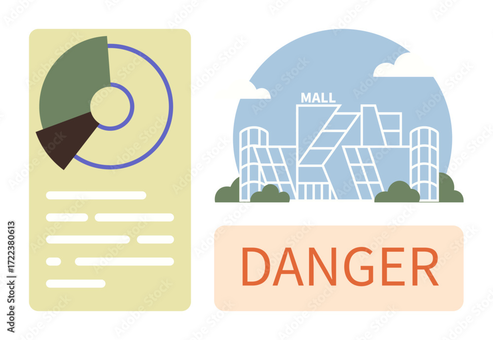 Aufkleber circular data chart with text analysis beside stylized mall building and danger warning. ideal for s