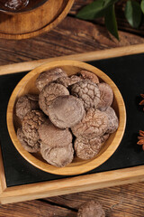 Fresh Dried Shiitake Mushrooms in Wooden Bowl on Bamboo Background for Cooking