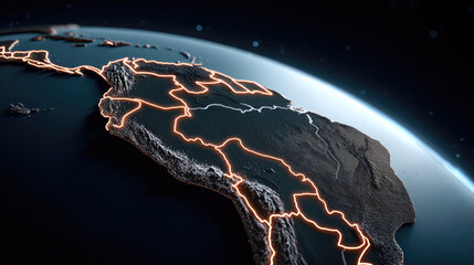 South America earth glowing orange line border continent night digital map futuristic technology space