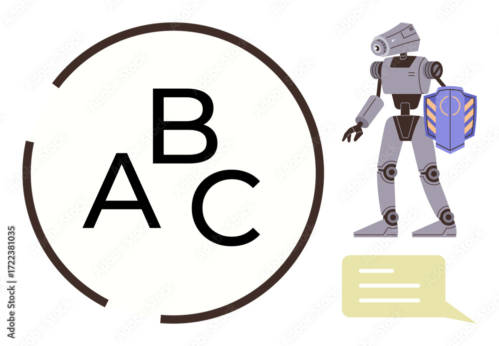 Poster robot holding a shield near letters a, b, c inside a partial circular element with dialog bubble. id