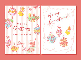 Christmas card set with cute hand painted doodle line art illustrations. Vector files. Christmas ornament illustrations for cards, backgrounds, and posters.
