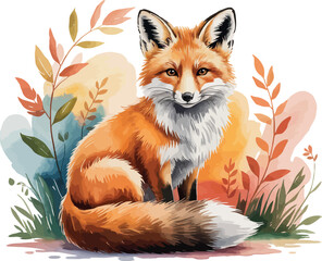Fototapeta premium This image depicts a beautiful fox sitting serenely amidst a soft, autumn-colored landscape of foliage.