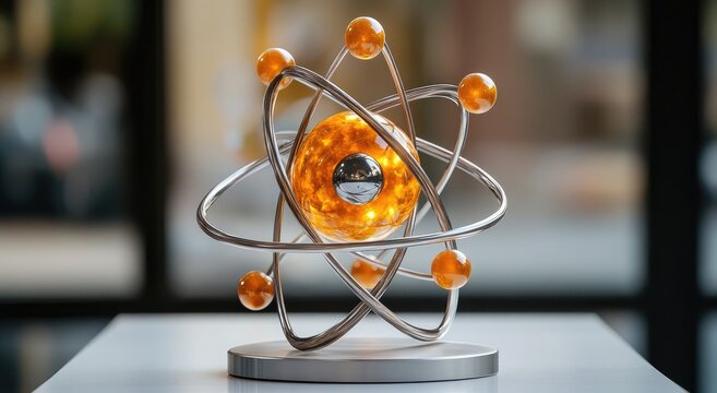 Atom model sculpture, warm amber orb, metallic