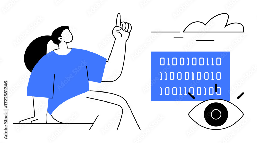 Poster female figure pointing upward near binary code, eye symbol, and cloud. ideal for technology, analysi
