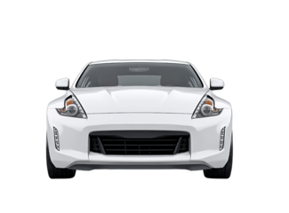 Front view of a white modern sports car showcasing its sleek design, headlights, and grille.