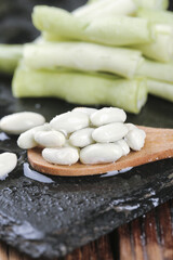 Fresh White Beans on Wooden Spoon with Corn Cobs - Healthy Farm Vegetables