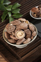 Fresh Edible Shiitake Mushrooms in Bowl on Wooden Table - Healthy Cooking Ingredients