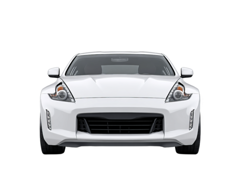 Front view of a white modern sports car showcasing its sleek design, headlights, and grille.